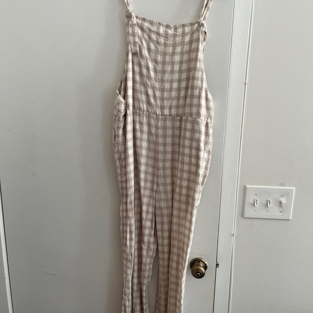 Lou & Grey Beige Plaid Linen-Blend Jumpsuit